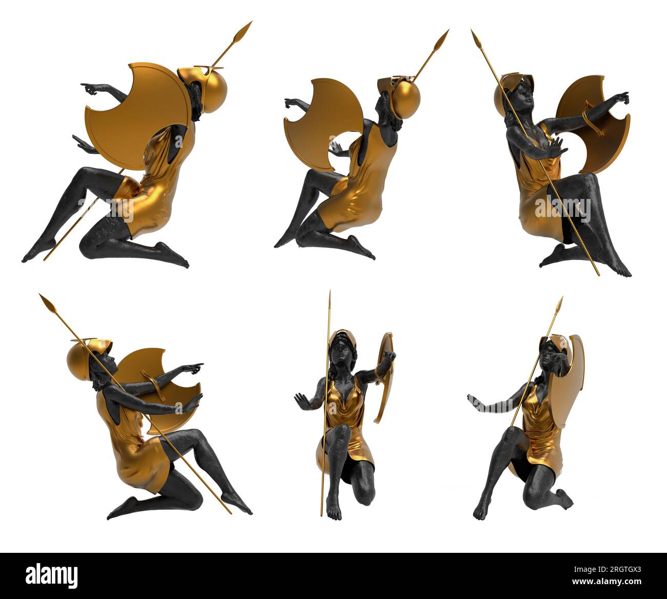 Illustration isolée de rendu 3d de marbre noir et statue d'ange guerrier doré dans le casque agenouillé avec bouclier et pose de lance, divers angles. Banque D'Images Illustration isolée de rendu 3d de marbre noir et statue d'ange guerrier doré dans le casque agenouillé avec bouclier et pose de lance, divers angles. Banque D'Images