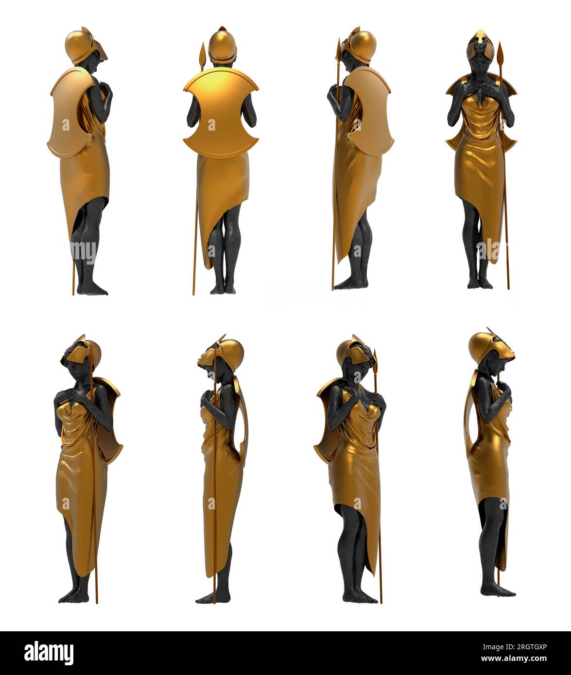 Illustration de rendu 3d isolé de marbre noir et statue de gardien féminin guerrier doré dans le casque tenant la lance et le bouclier, divers angles. Banque D'Images Illustration de rendu 3d isolé de marbre noir et statue de gardien féminin guerrier doré dans le casque tenant la lance et le bouclier, divers angles. Banque D'Images
