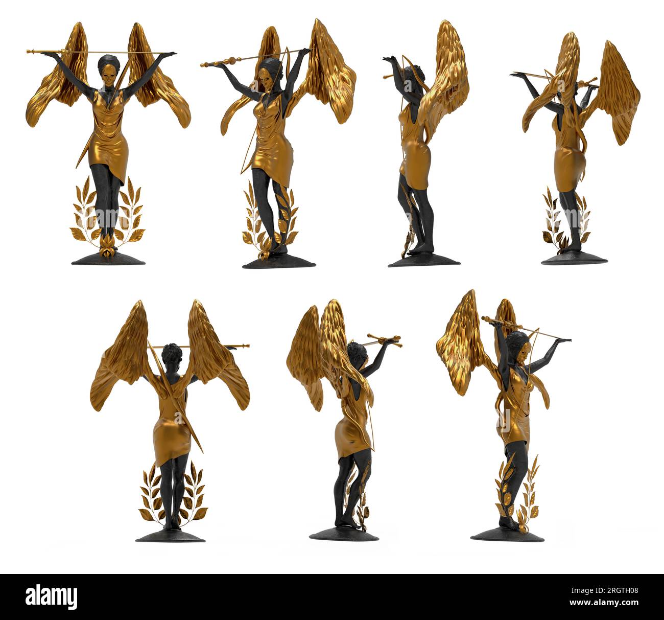 Illustration isolée de rendu 3d de marbre noir et statue d'ange guerrier femelle doré dans le masque, debout et tenant la pose de l'épée, divers angles. Banque D'Images Illustration isolée de rendu 3d de marbre noir et statue d'ange guerrier femelle doré dans le masque, debout et tenant la pose de l'épée, divers angles. Banque D'Images