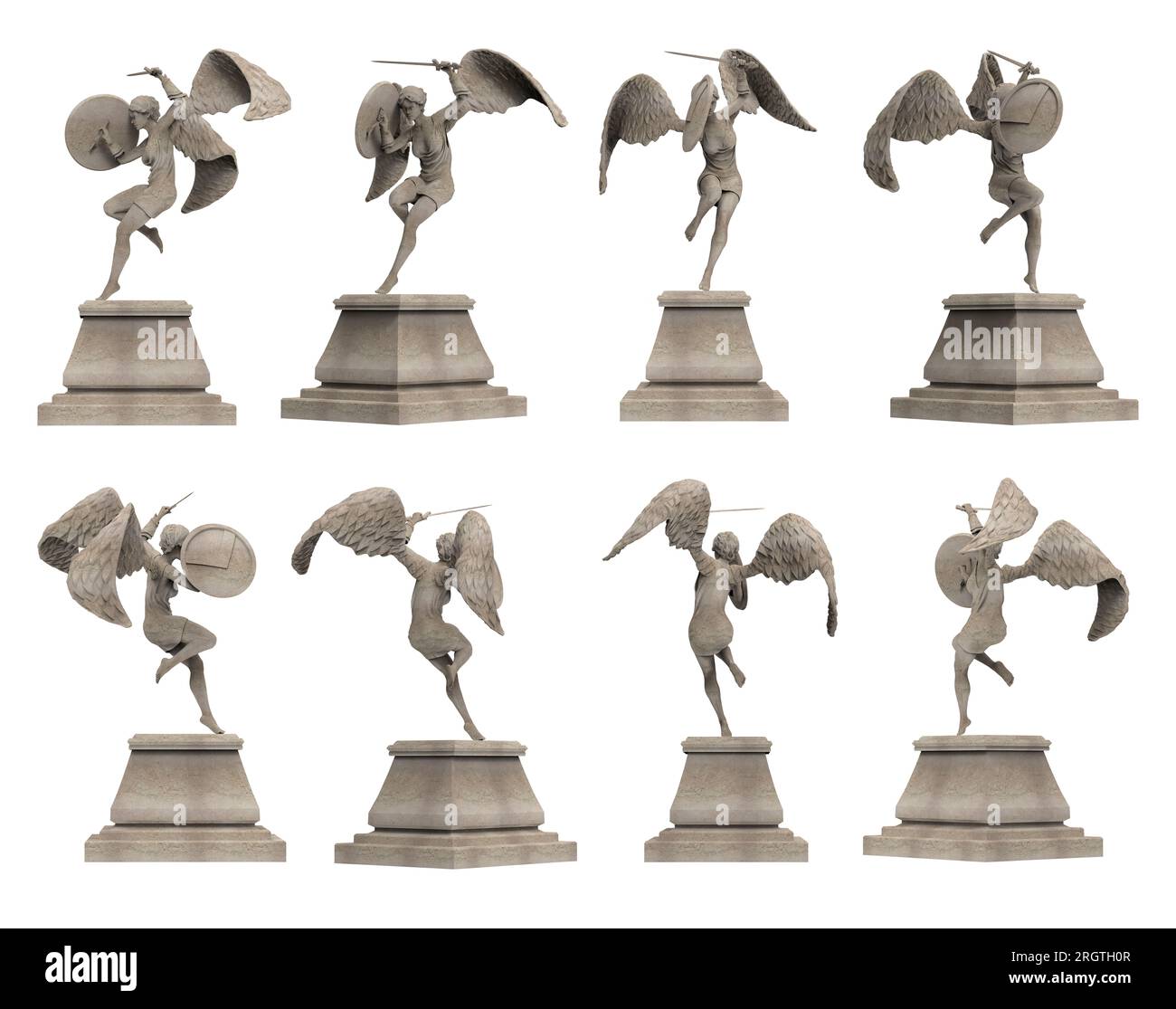 Illustration isolée de rendu 3d d'antique statue de guerrier d'ange volant en pierre antique sur le piédestal tenant l'épée et atacking, divers angles. Banque D'Images Illustration isolée de rendu 3d d'antique statue de guerrier d'ange volant en pierre antique sur le piédestal tenant l'épée et atacking, divers angles. Banque D'Images