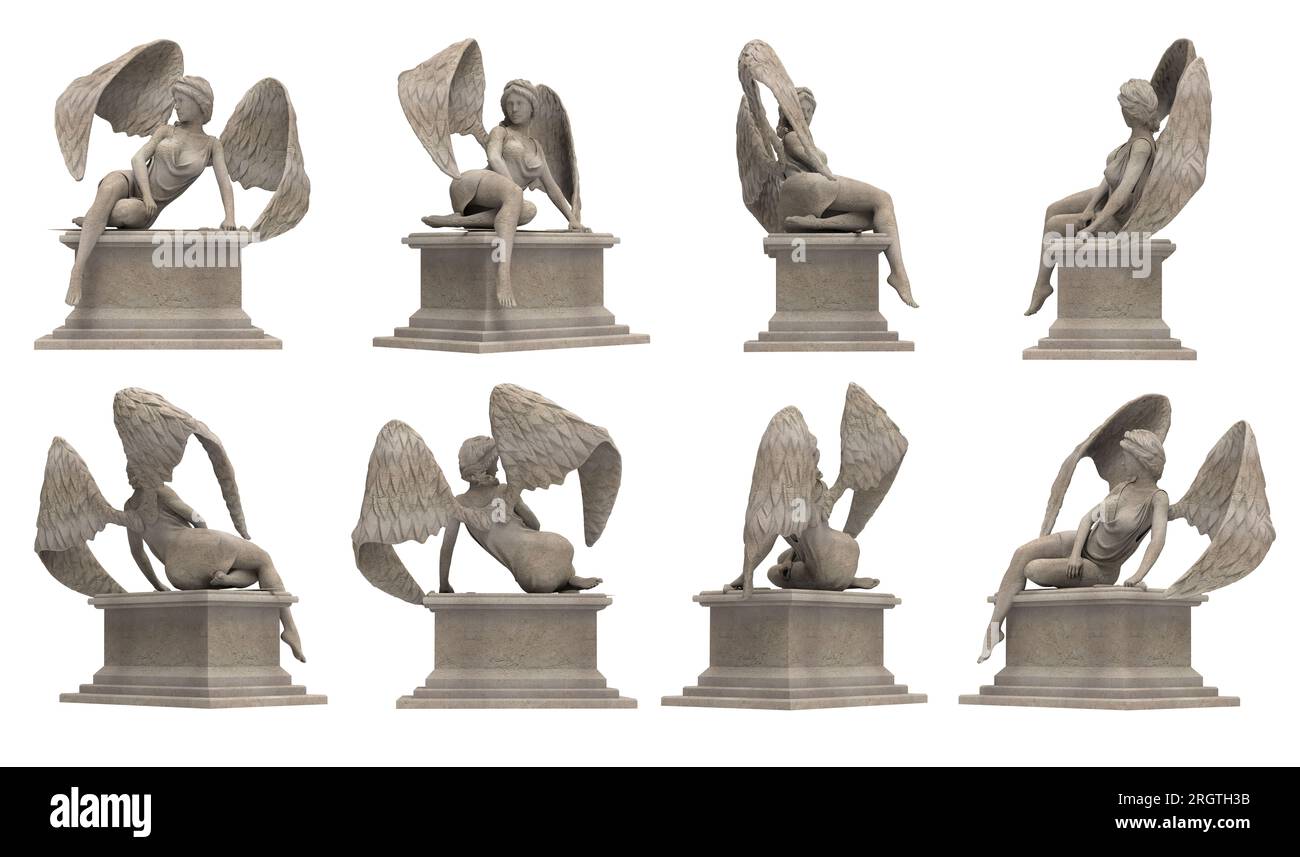 Illustration isolée de rendu 3d de la statue antique d'ange femelle en pierre assise sur le piédestal, divers angles. Banque D'Images Illustration isolée de rendu 3d de la statue antique d'ange femelle en pierre assise sur le piédestal, divers angles. Banque D'Images