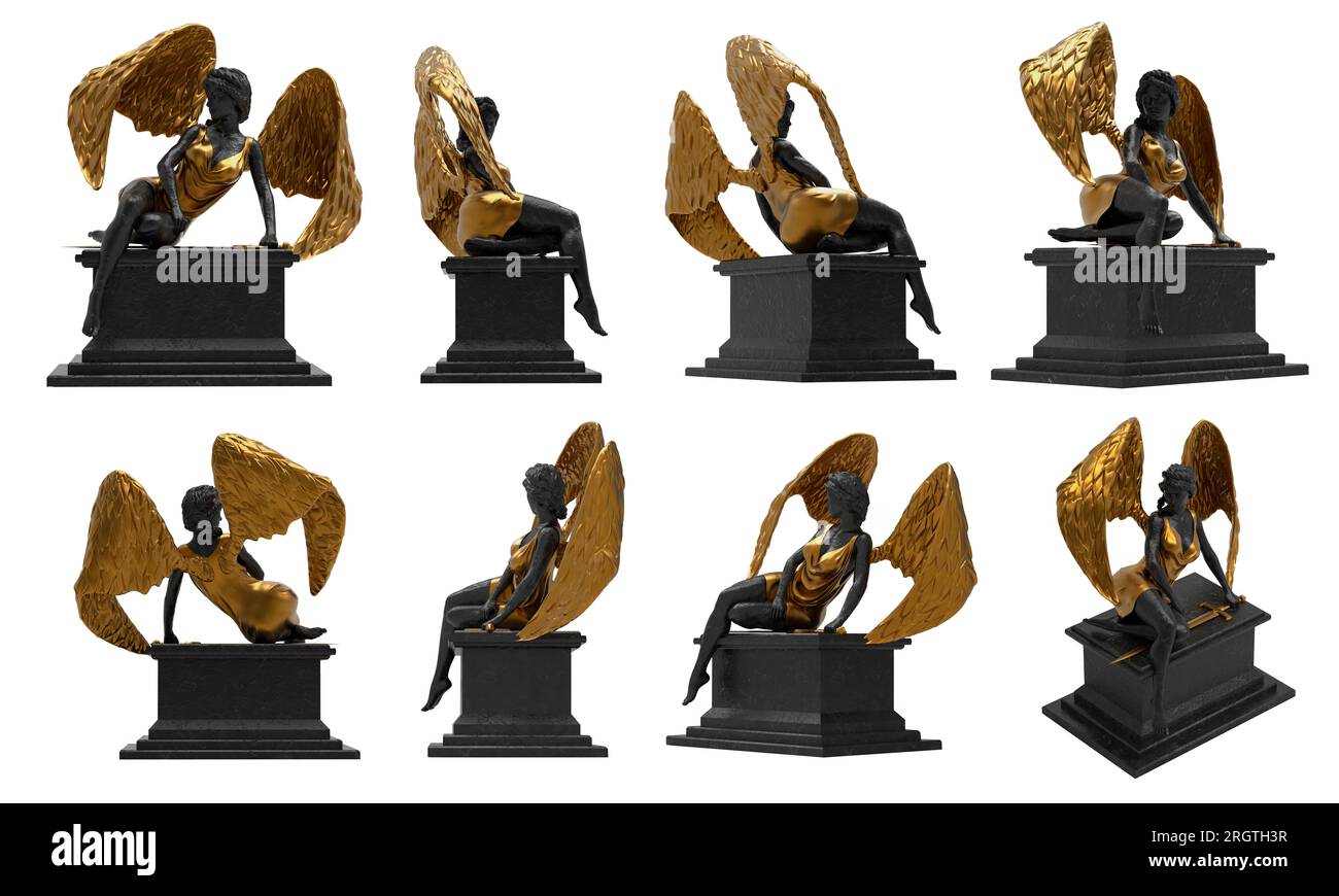 Illustration isolée de rendu 3d de marbre noir et statue d'ange femelle dorée assise sur le piédestal, divers angles. Banque D'Images Illustration isolée de rendu 3d de marbre noir et statue d'ange femelle dorée assise sur le piédestal, divers angles. Banque D'Images