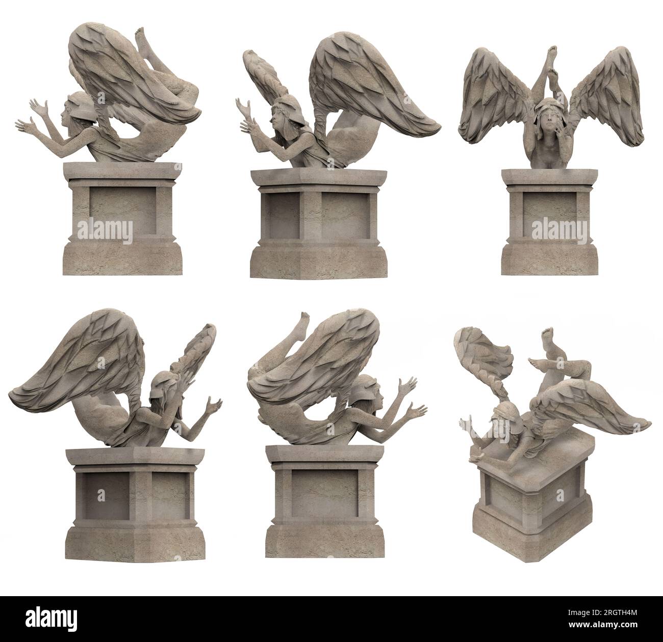 Illustration isolée de rendu 3d de la statue antique de guerrier d'ange féminin de pierre antique sur piédestal tombant pose, divers angles. Banque D'Images Illustration isolée de rendu 3d de la statue antique de guerrier d'ange féminin de pierre antique sur piédestal tombant pose, divers angles. Banque D'Images