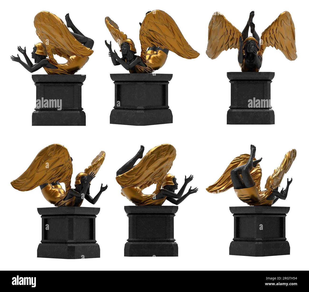 Illustration isolée de rendu 3d de marbre noir et statue d'ange féminin guerrier doré sur piédestal tombant pose, divers angles. Banque D'Images Illustration isolée de rendu 3d de marbre noir et statue d'ange féminin guerrier doré sur piédestal tombant pose, divers angles. Banque D'Images