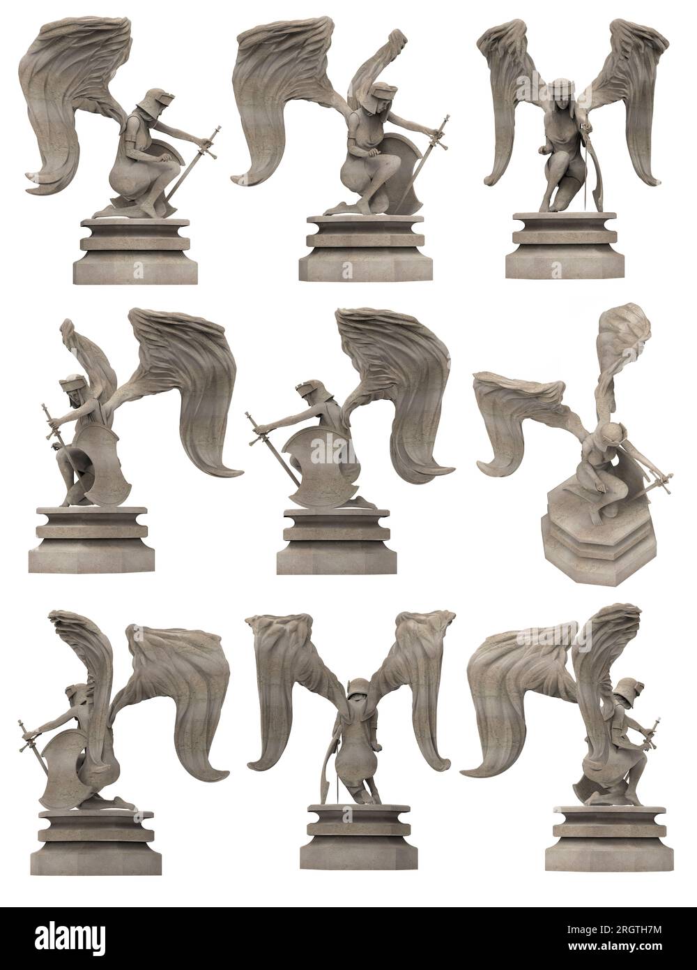 Illustration isolée de rendu 3d de la statue antique de guerrier d'ange féminin de pierre sur le piédestal agenouillé et tenant l'épée, divers angles. Banque D'Images Illustration isolée de rendu 3d de la statue antique de guerrier d'ange féminin de pierre sur le piédestal agenouillé et tenant l'épée, divers angles. Banque D'Images