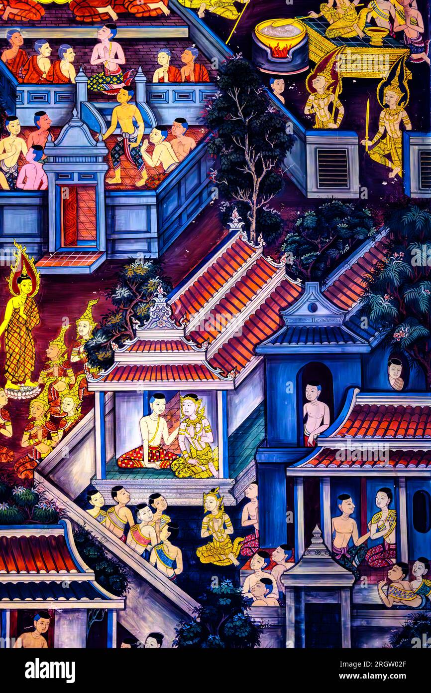 Temple Wat Pho à Bangkok, fresque thaïlandaise Banque D'Images