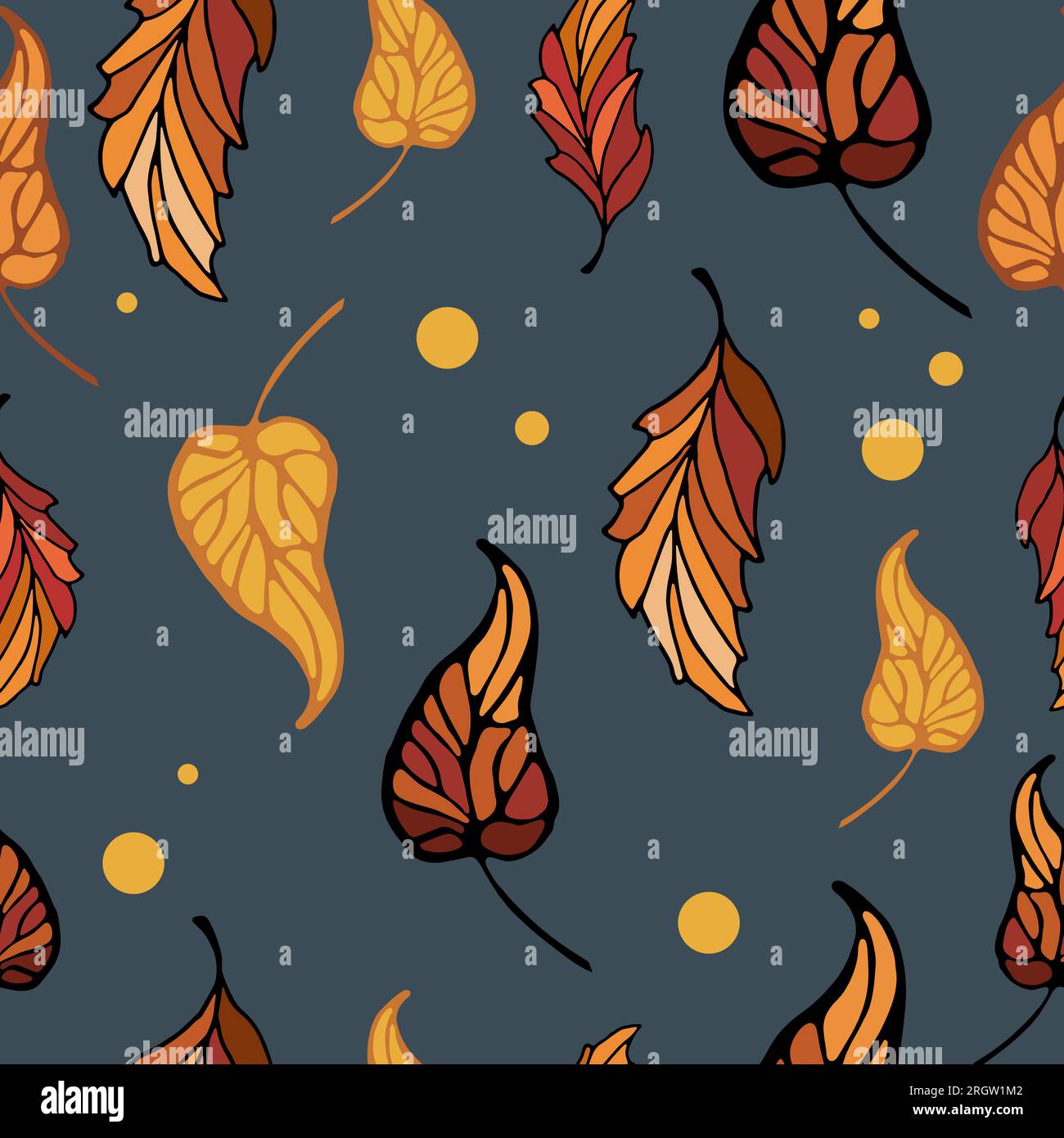 Motif feuillu d'automne avec des feuilles jaunissant sur un fond sombre. Fond de motif sans couture dans les tons naturels terreux des grillades dessinées à la main. Pour wallpa Illustration de Vecteur