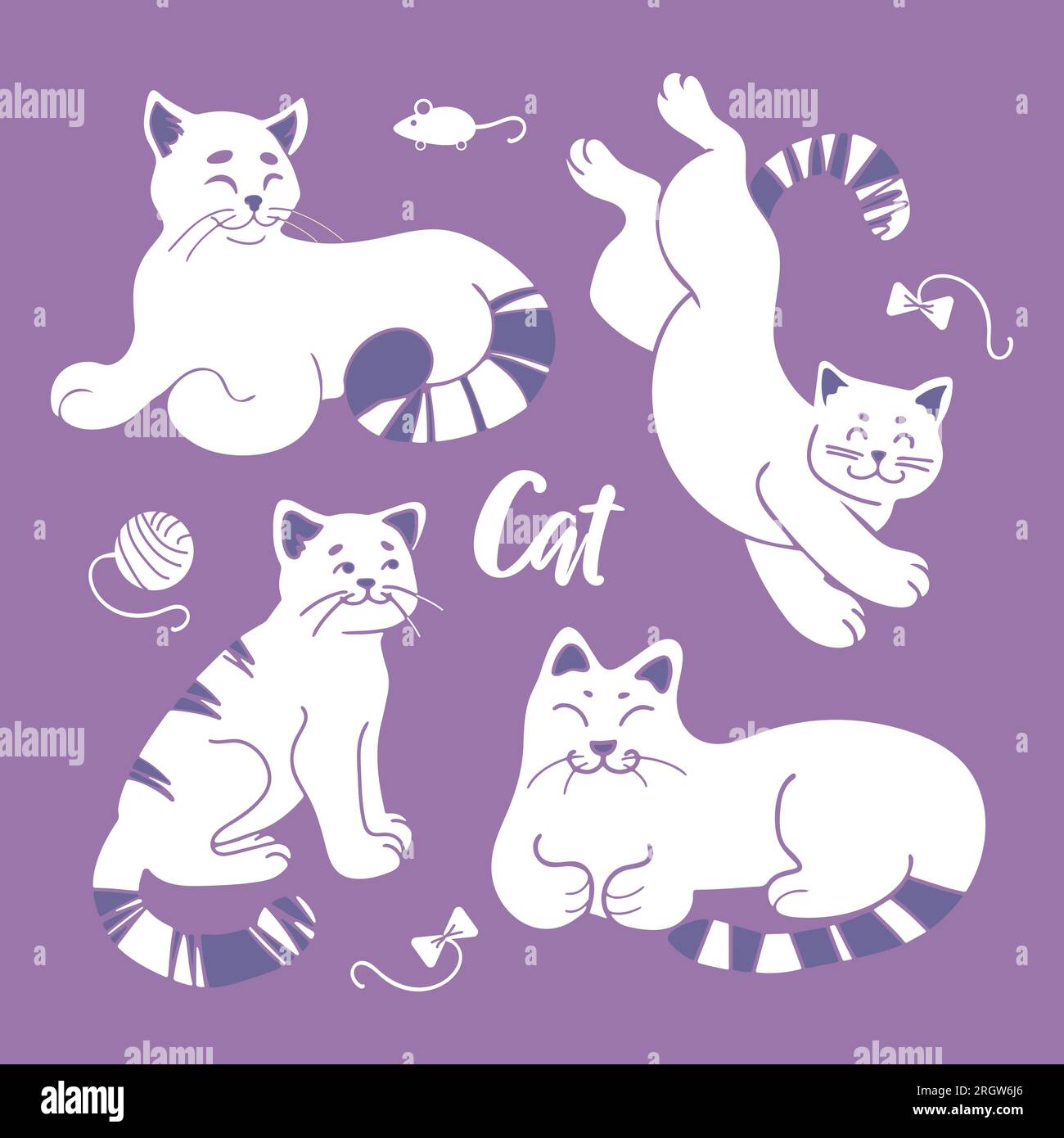 Un ensemble lumineux de chats blancs mignons dans différentes poses sur un fond violet. Animaux de compagnie dans des couleurs pastel. Une boule de laine, une souris jouet, des arcs. Pour les autocollants, pos Illustration de Vecteur