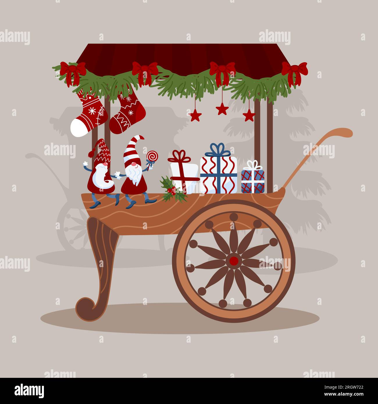 Chariots décorés, comptoirs de stalle équitables. Foires des marchés de Noël. Petits gnomes de Noël lumineux en casquettes, étoiles, sucette, cadeau. Illustration vectorielle pour Illustration de Vecteur