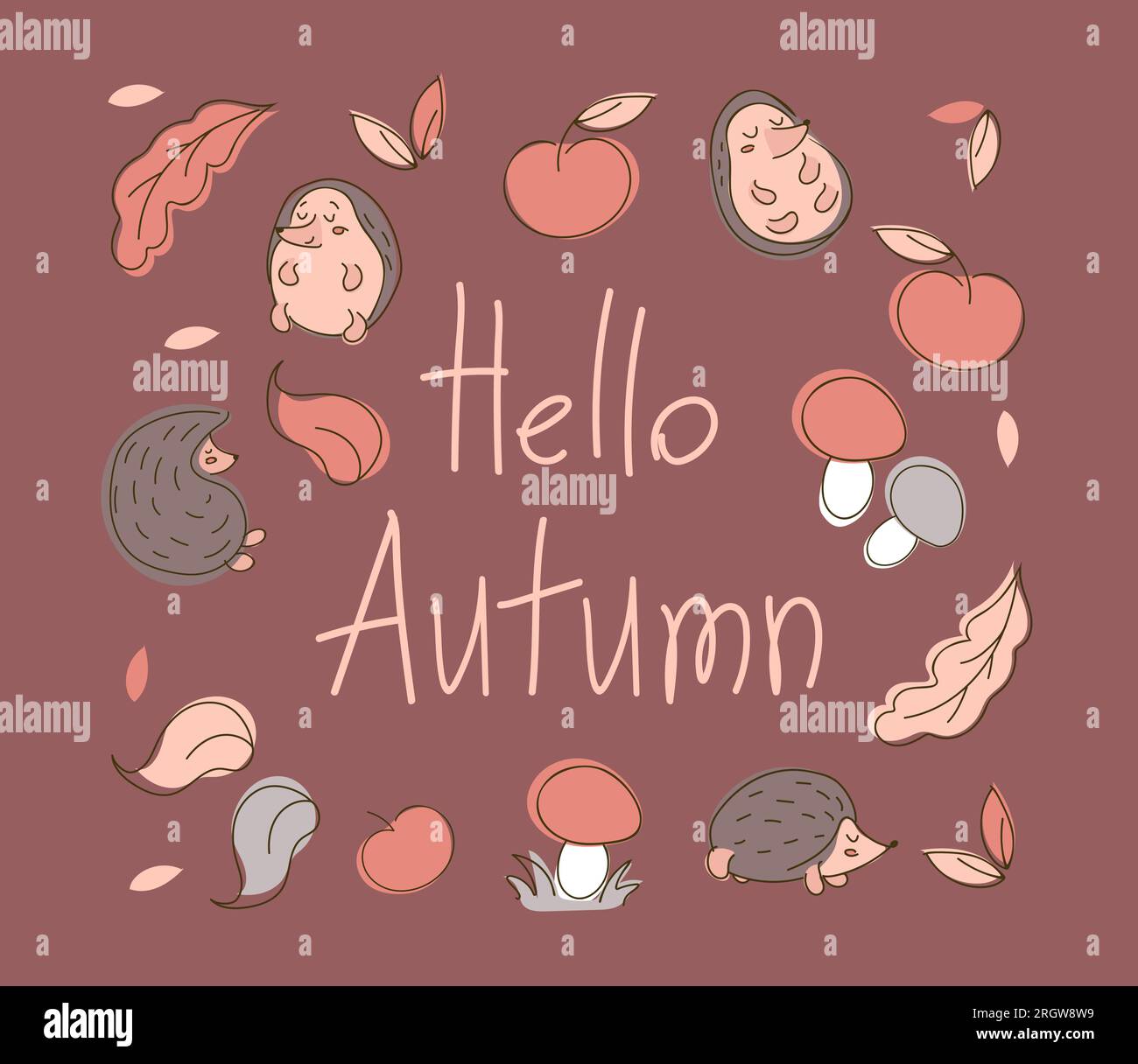 Jolie illustration d'automne. Bonjour automne. Avec des hérissons, des feuilles, des pommes et des champignons sur fond sombre. Dans des tons terreux tendance. Pour affiches, carte postale Illustration de Vecteur