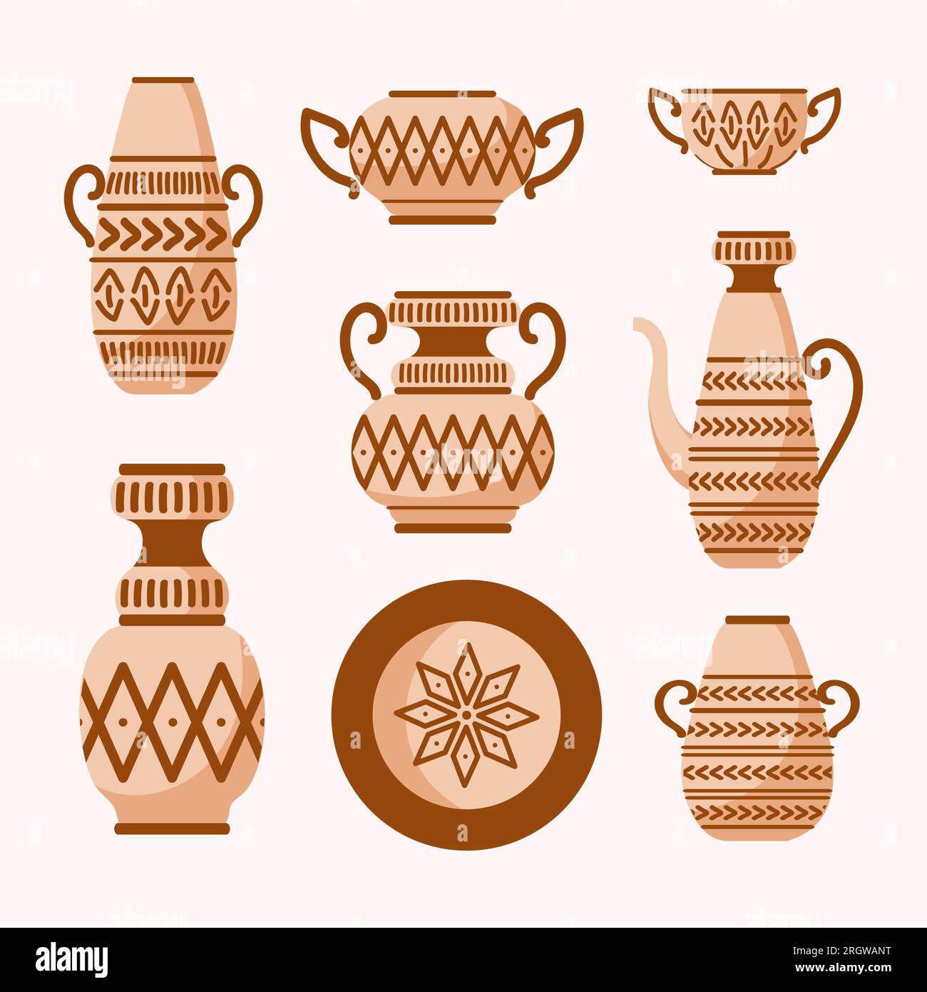 Ensemble d'objets archéologiques antiques. Amphores grecques, vases, assiette, pots et bol avec des motifs ethniques. Céramiques faites à la main. Pour autocollants, affiches, p Illustration de Vecteur