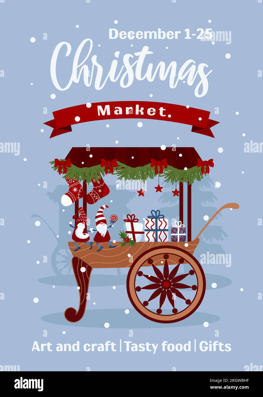 Bannière du marché de Noël. Chariots décorés, comptoirs de stalle équitables. Petits gnomes de Noël lumineux en casquettes, étoiles, sucette, cadeau. Illustration vectorielle pour Illustration de Vecteur