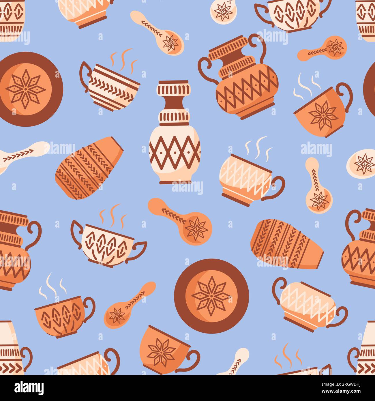 Modèle vectoriel sans couture plats en céramique faits à la main avec des ornements ethniques. amphores, vases, assiette, cuillère, pots et bol aux motifs ethniques. Pour cuisine Illustration de Vecteur