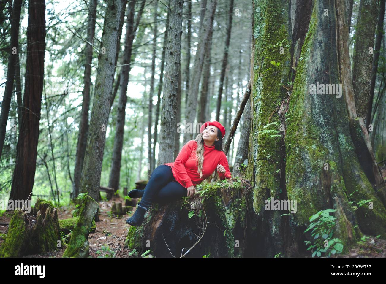 Femme avec une attitude positive sur une souche d'arbre mousseline au milieu de la forêt. Banque D'Images