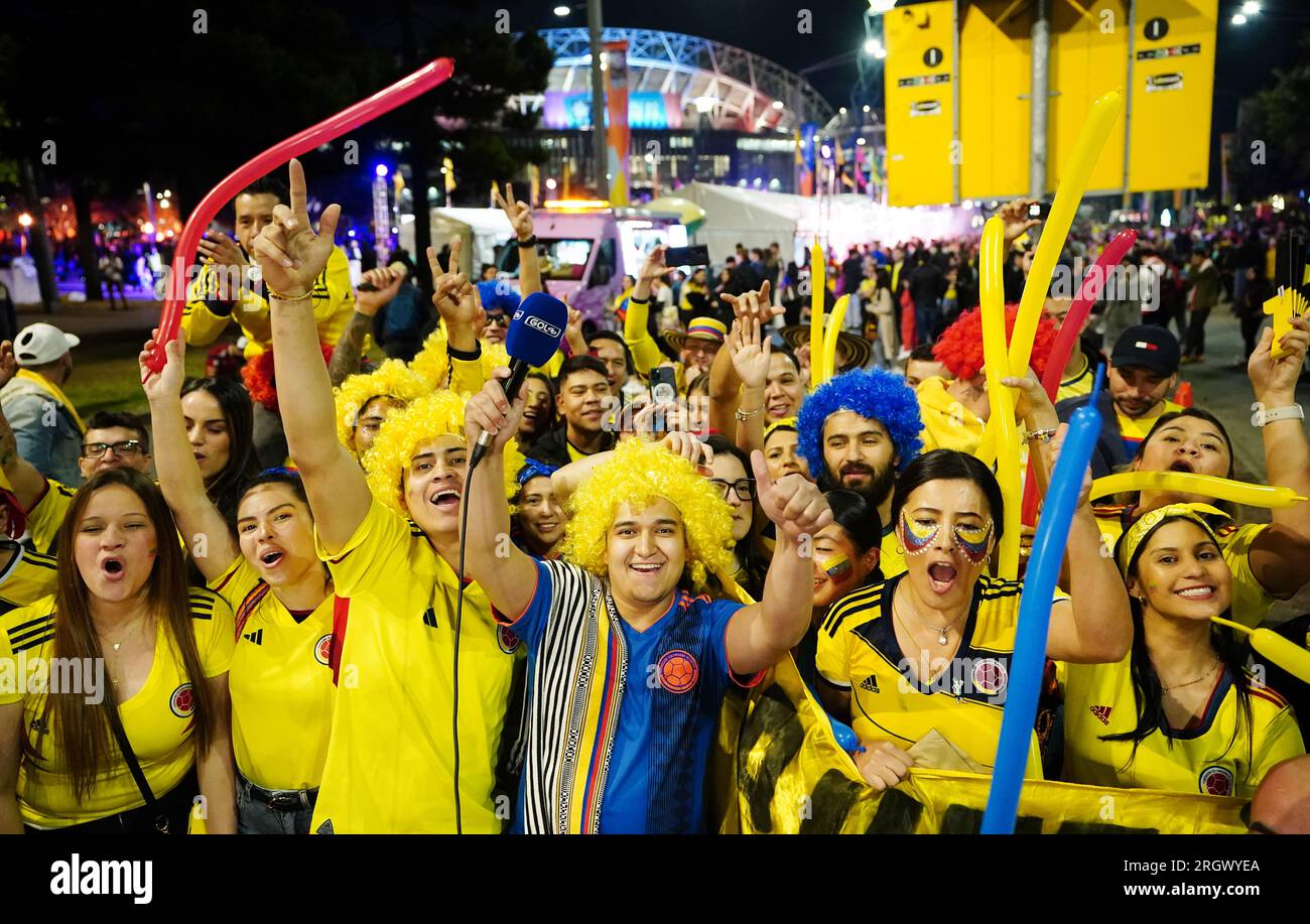 Supporters colombiens avant les quarts de finale de la coupe du monde féminine de la FIFA au Stadium Australia, Sydney. Date de la photo : Samedi 12 août 2023. Banque D'Images