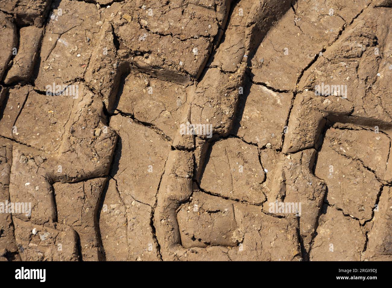 Les traces de pneus s'impriment sur un sol rouge sale. Marques de roue du chariot sur fond de texture du sol. Piste de pneu sur sable. Traces de pneus tout-terrain. Terre fissurée sur c Banque D'Images