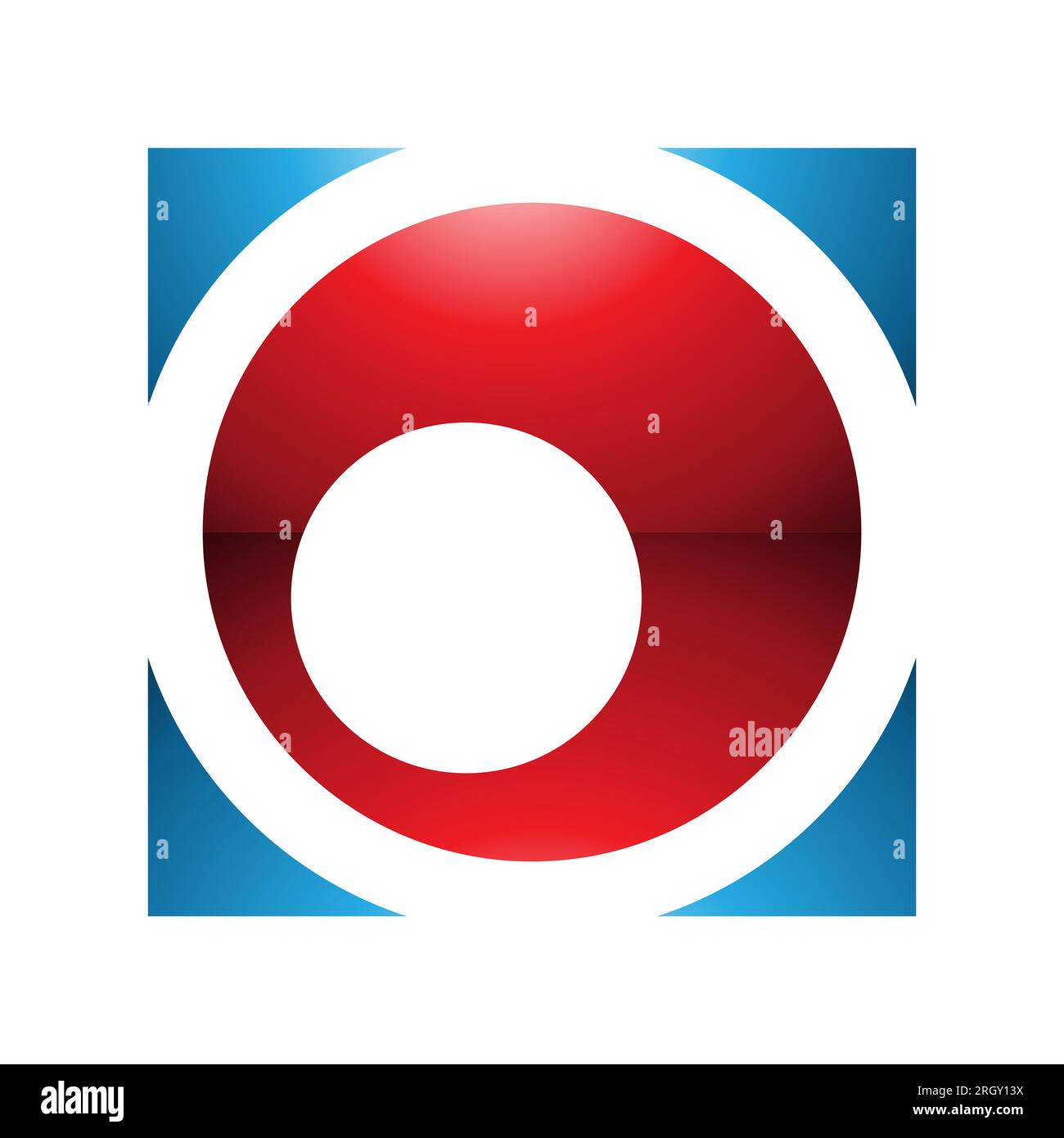 Icône rouge et bleu carré brillant lettre O sur fond blanc Banque D'Images