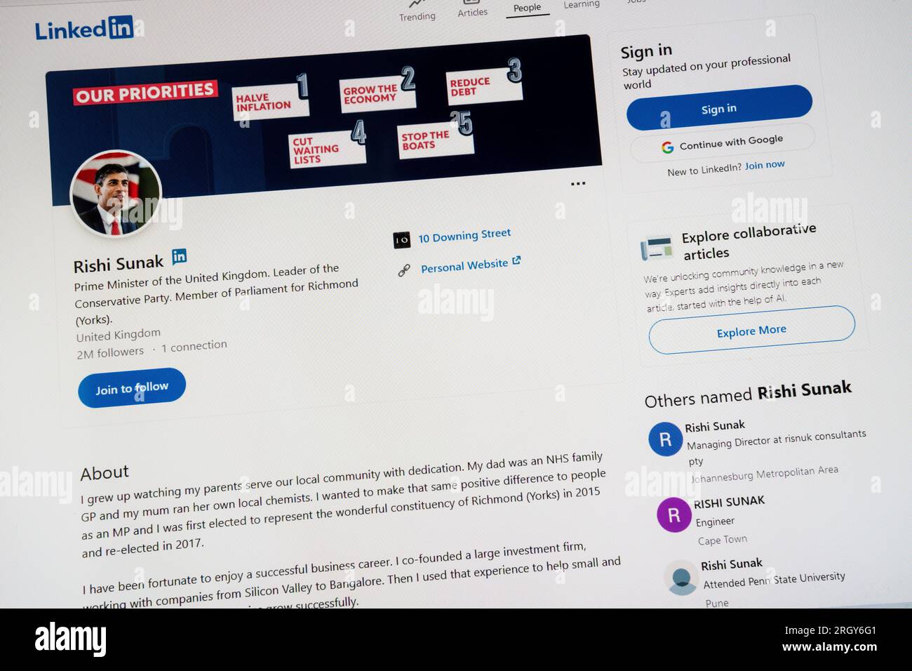 Le site LinkedIn du Premier ministre britannique, Rishi Sunak. Député de Richmond (Yorks). Banque D'Images