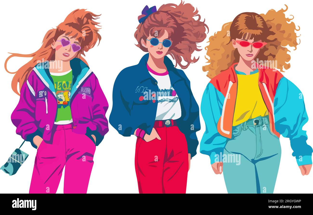 Trois filles amies des années 90. Collection de personnages dans le style rétro tendance et memphis. Filles à la mode et élégantes dans des vêtements multicolores lumineux. Illustration de Vecteur