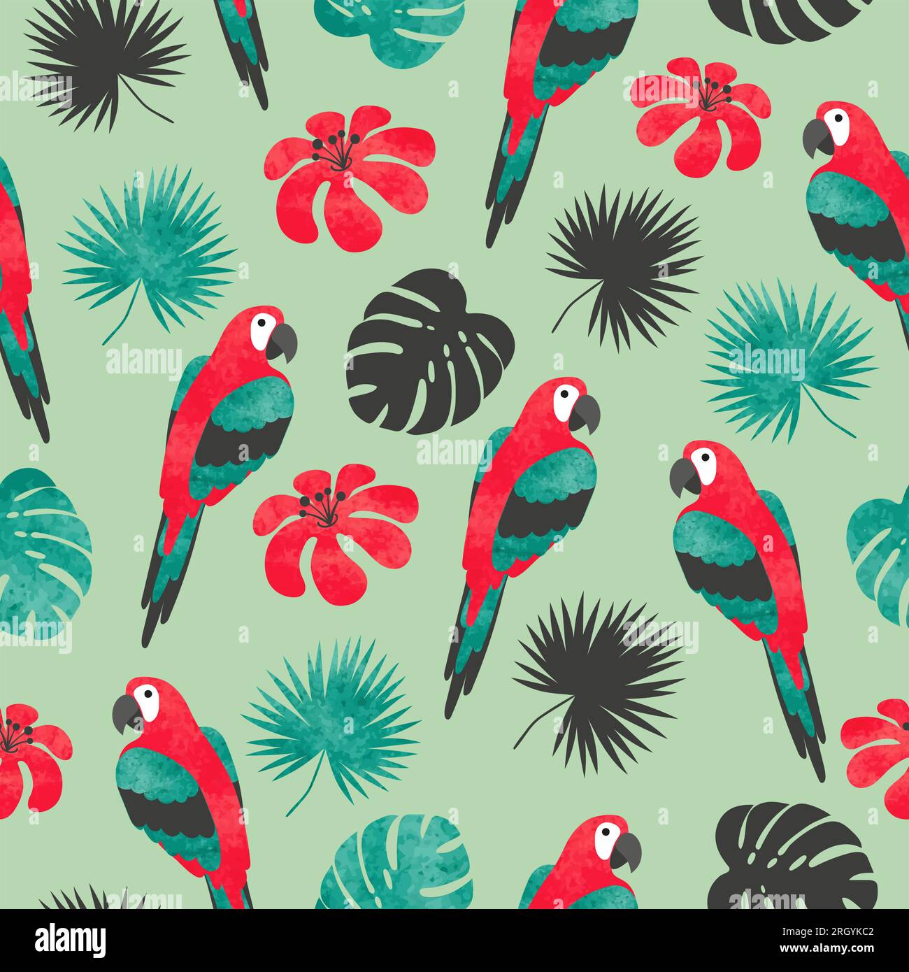 Motif tropical lumineux sans couture avec perroquets aquarelle et feuilles de palmier. Illustration de Vecteur
