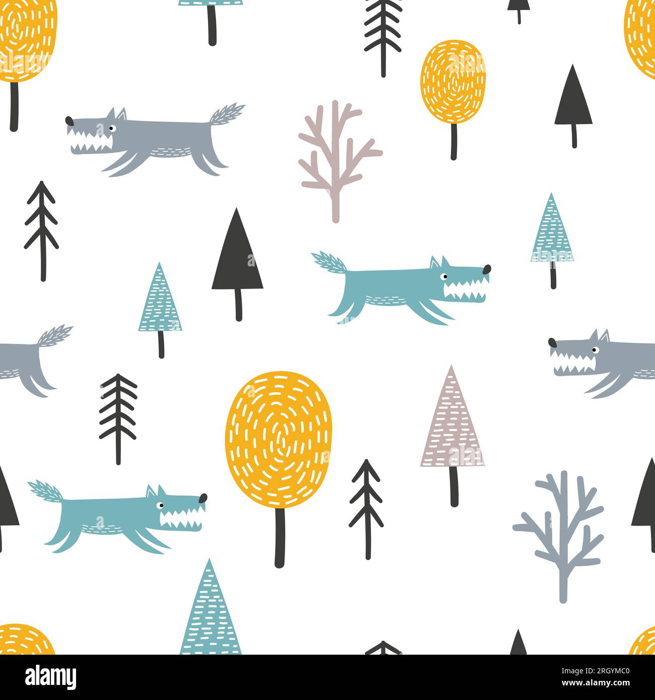 Motif scandinave sans couture avec loup mignon et arbres. Fond de forêt vectorielle. Illustration de Vecteur