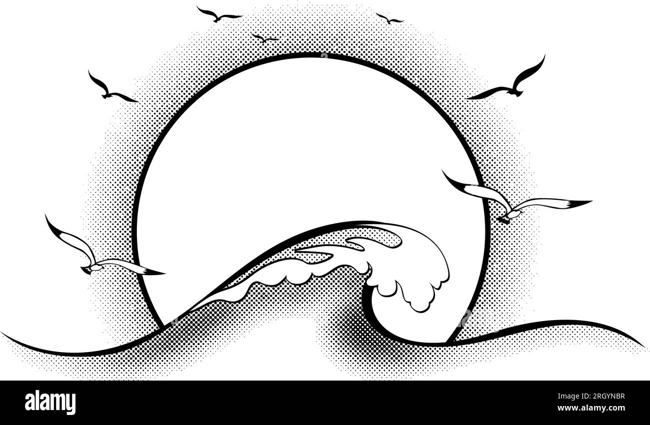 Vagues de mer et mouettes au contre-jour du coucher du soleil. Modèle de monocolore vectoriel sur fond transparent Illustration de Vecteur