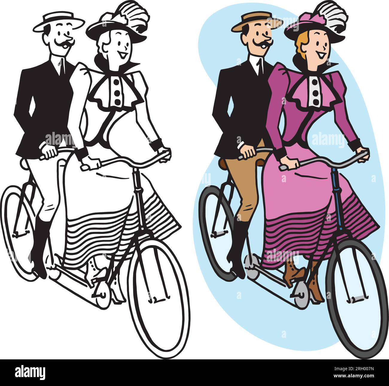 Un dessin animé rétro vintage d'un couple chevauchant un vélo tandem antique. Illustration de Vecteur