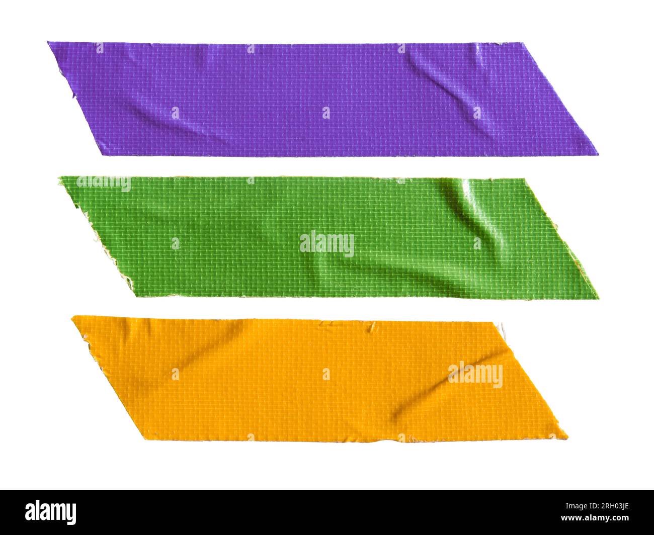Ruban de tissu violet, vert et jaune sur fond blanc avec chemin de détourage Banque D'Images