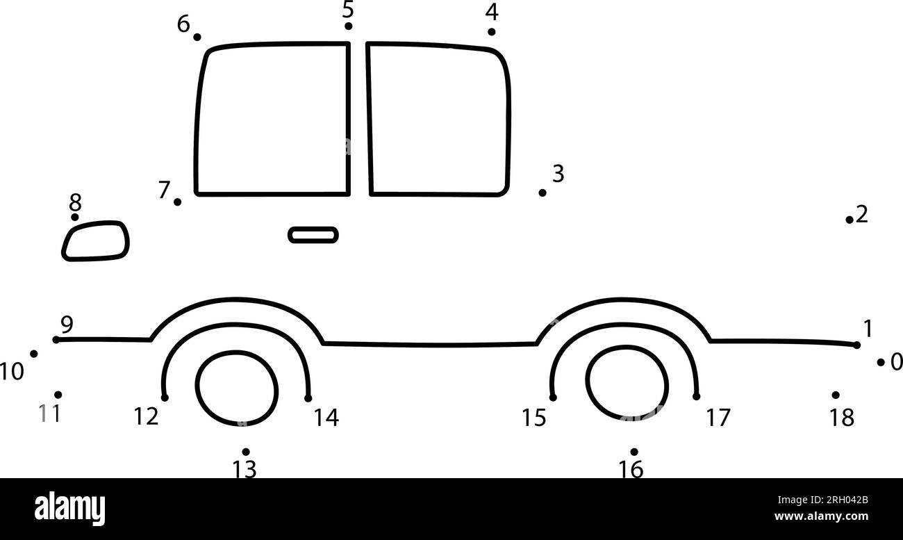 Connectez le jeu des points. Feuille de travail imprimable de voiture pour les enfants. Peut être utilisé comme livre de coloriage pour enfants. Illustration vectorielle stock isolé sur blanc en noir o Illustration de Vecteur