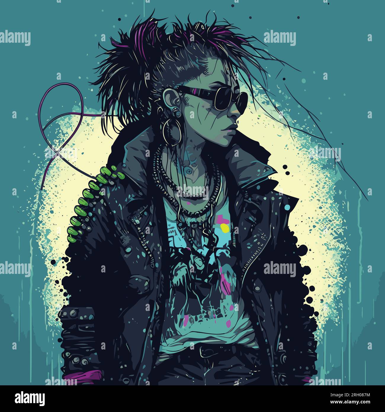 Image de style roman graphique d'une fille de Punk Rock avec des lunettes de soleil et une veste en cuir sur un fond de graffiti abstrait. Vector Art.. Illustration de Vecteur