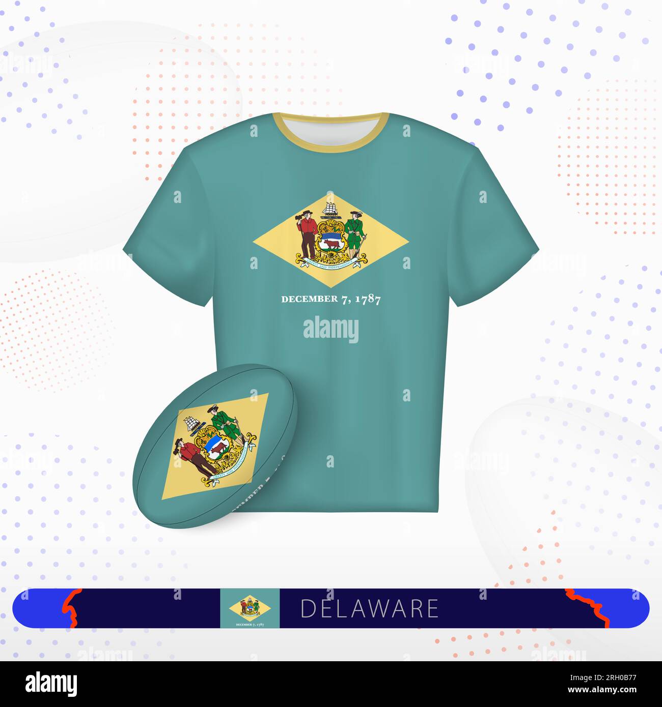 Maillot de rugby Delaware avec ballon de rugby du Delaware sur fond sportif abstrait. Motif jersey. Illustration de Vecteur