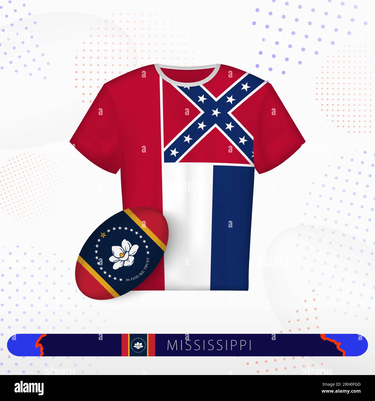 Maillot de rugby Mississippi avec ballon de rugby du Mississippi sur fond sportif abstrait. Motif jersey. Illustration de Vecteur