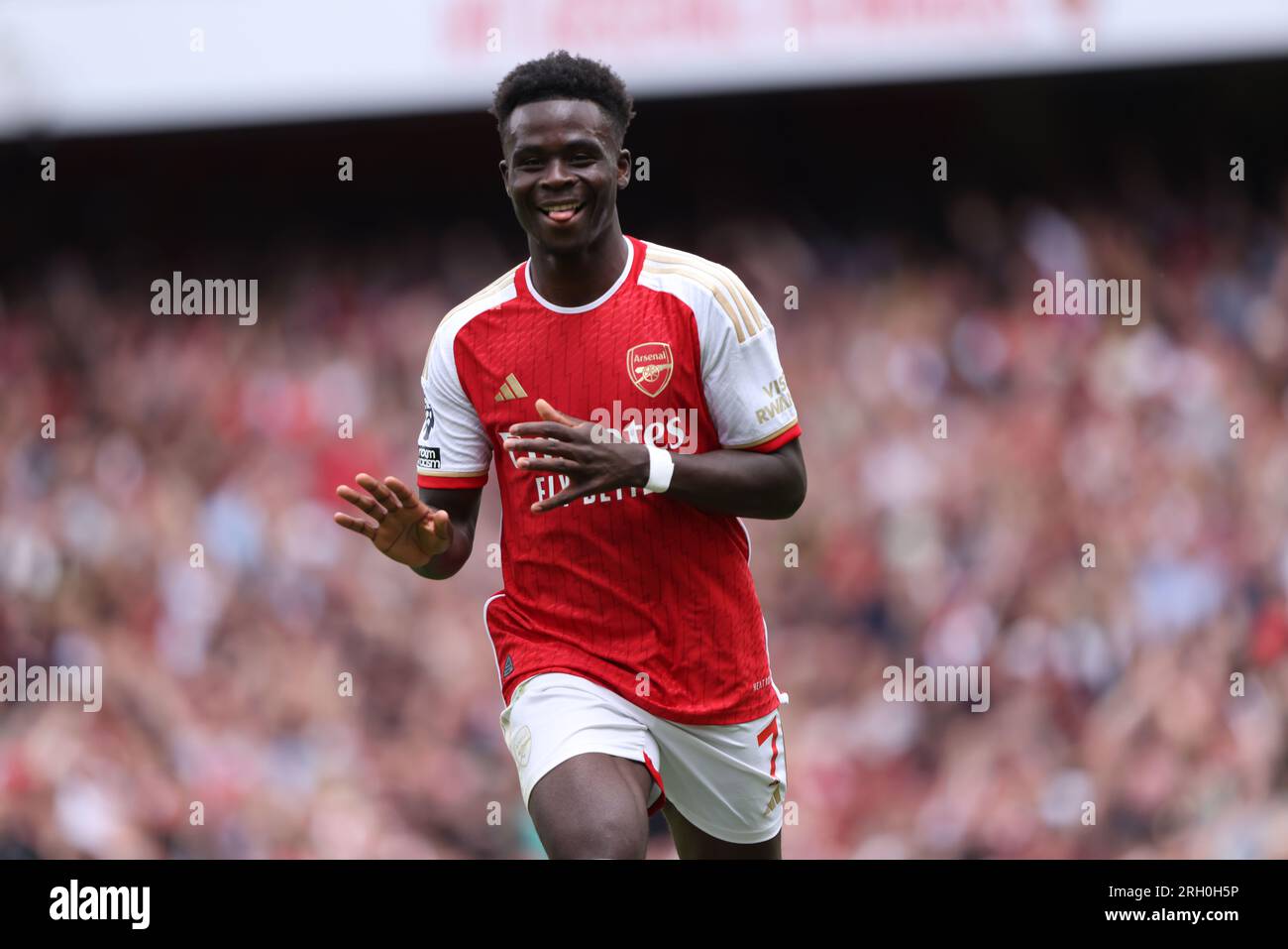 Londres, Royaume-Uni. 12 août 2023. Bukayo Saka (A) célèbre le deuxième but d'Arsenal (2-0) lors du match Arsenal contre Nottingham Forest EPL, au Emirates Stadium, Londres, Royaume-Uni, le 12 août 2023. Crédit : Paul Marriott/Alamy Live News Banque D'Images