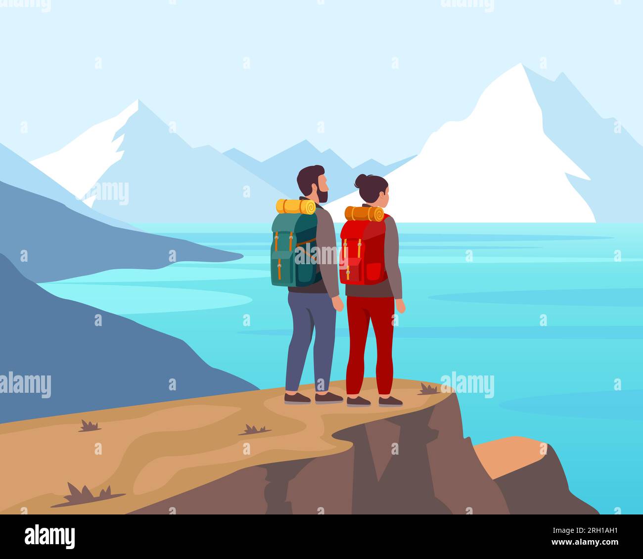 Couple de touristes, un gars et une fille marchant dans les montagnes. Beau paysage extérieur. Les personnes avec des sacs à dos. Tourisme, loisirs, escalade. Illustration de Vecteur