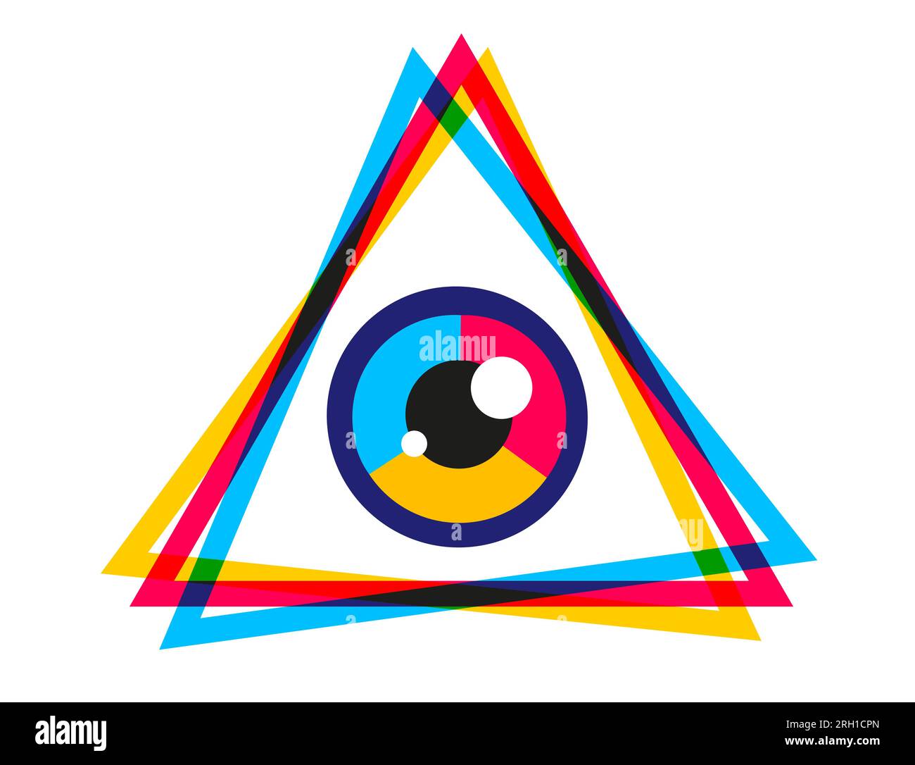 Pyramide Vector vintage avec œil dans le style des années 90. Affiche vectorielle vintage avec pyramide et œil. Pyramide arc-en-ciel en style CMJN. Illustration de Vecteur
