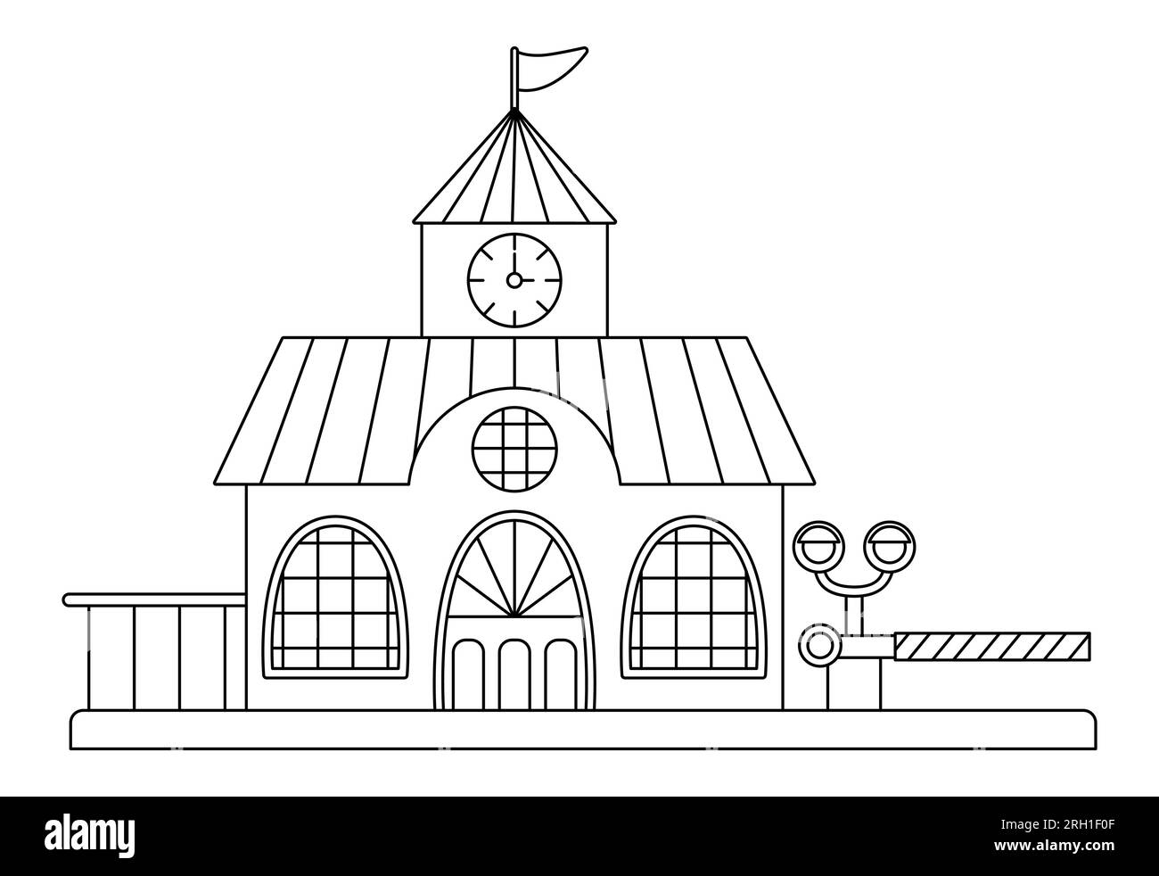 Icône de gare de vecteur noir et blanc. Bâtiment d'attente de train de chemin de fer avec tour d'horloge, sémaphore et barrière. Ville ou campagne transportati Illustration de Vecteur