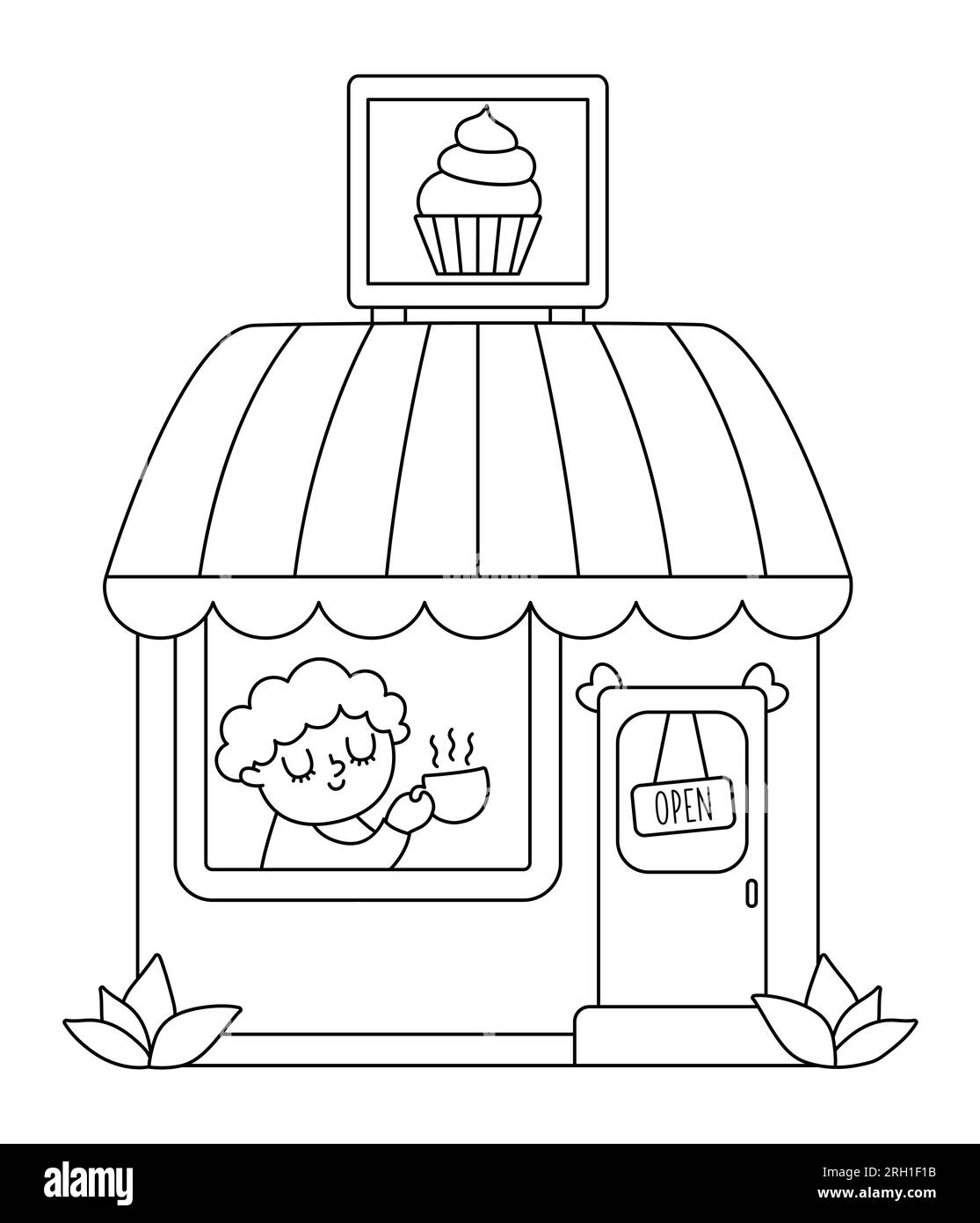 Vector noir et blanc café confortable avec homme buvant du thé isolé sur fond blanc. Petite illustration de ligne de café ou page de coloriage. Kiosque mignon Illustration de Vecteur