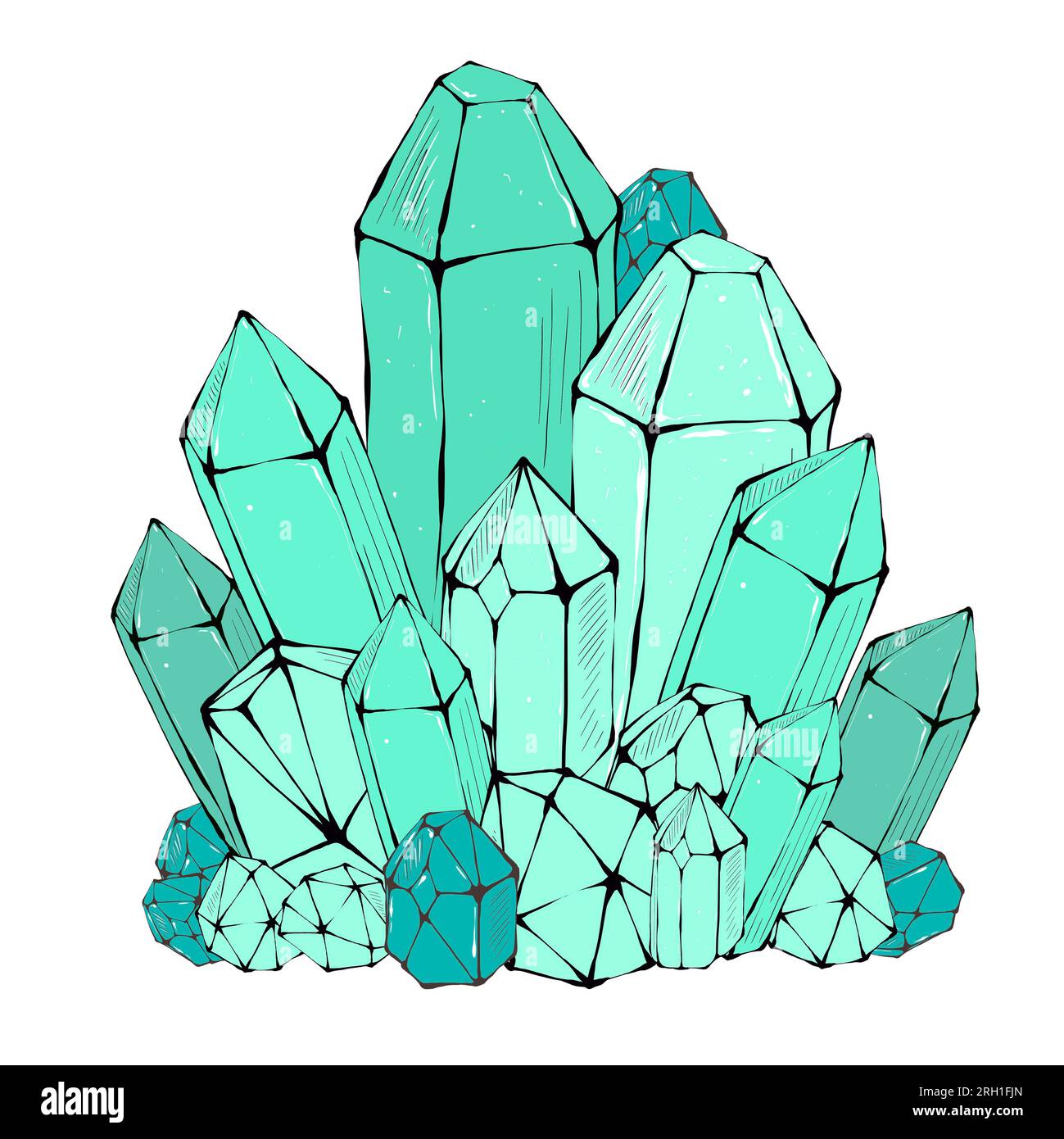 Cristaux magiques couleur vert, isolé sur fond blanc. Illustration dessinée à la main. Banque D'Images