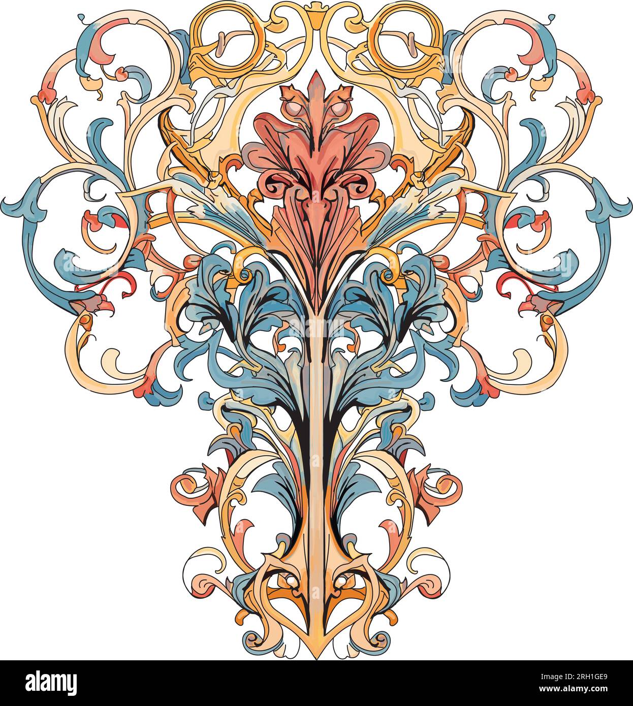 Élément de design floral de style baroque, rose, bleu et jaune multicolore, fleurs d'iris Illustration de Vecteur