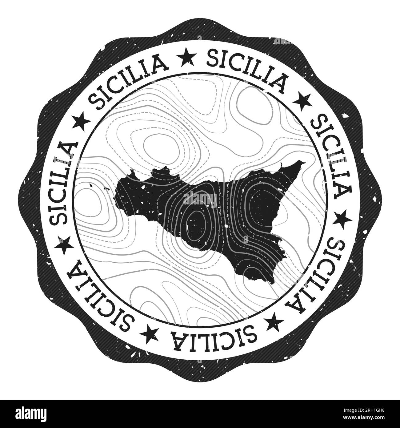 Timbre extérieur Sicilia. Autocollant rond avec carte de l'île avec isolines topographiques. Illustration vectorielle. Illustration de Vecteur