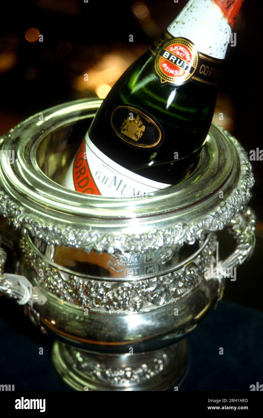 Bouteille de champagne dans un seau à glace argenté Banque D'Images