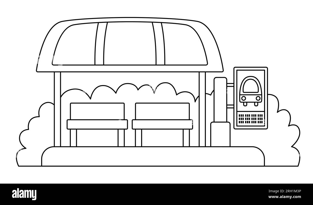 Icône d'arrêt de bus Vector noir et blanc. Station d'attente des transports publics de dessins animés. Ligne de transport de ville ou de campagne clipart ou coloriage avec Illustration de Vecteur