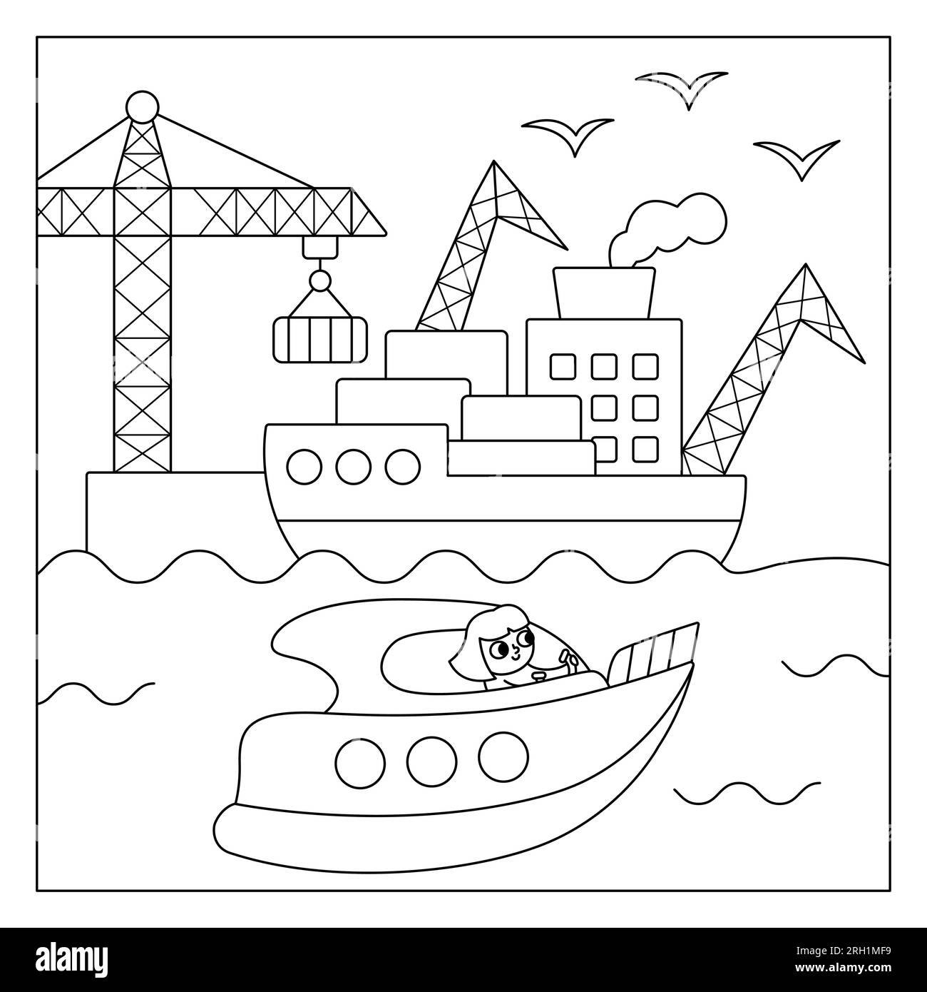 Scène carrée noire et blanche de vecteur avec fille naviguant sur hors-bord et port maritime. Illustration ou coloriage de ligne de transport. Mignon enfant conduisant tr Illustration de Vecteur