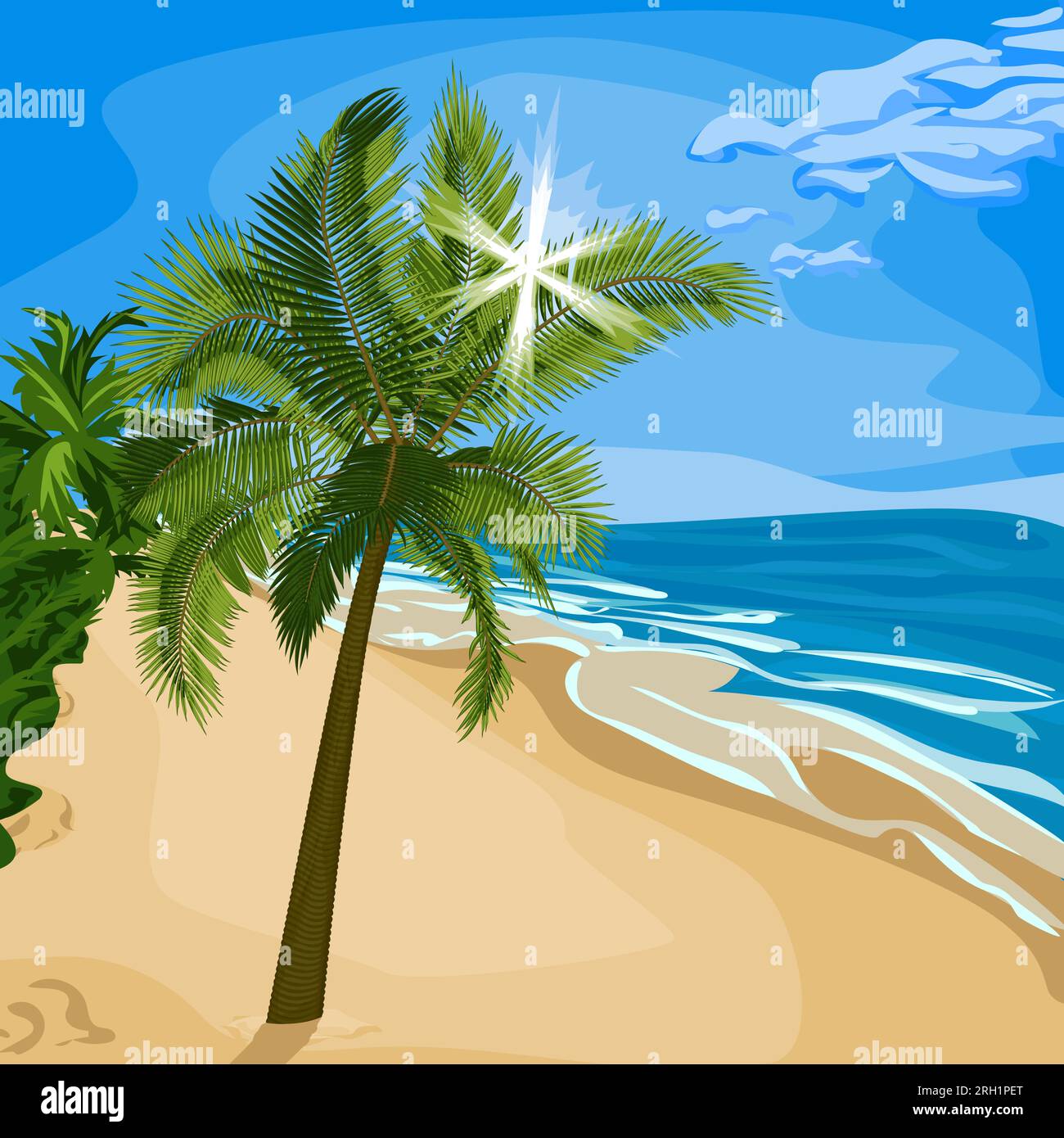 Palmier avec des rayons du soleil à travers le feuillage sur la plage. Illustration vectorielle de palmier sur la plage de mer avec le soleil éclatant à travers les feuilles. Illustration de Vecteur