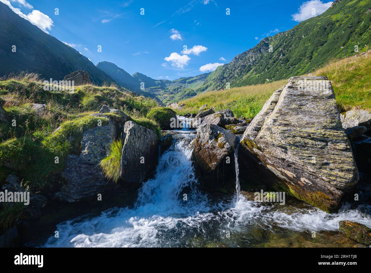 Vue tranquille d'une petite cascade sur une journée d'été ensoleillée dans les montagnes de Fagaras, Alpes de Transylvanie, Roumanie. Banque D'Images