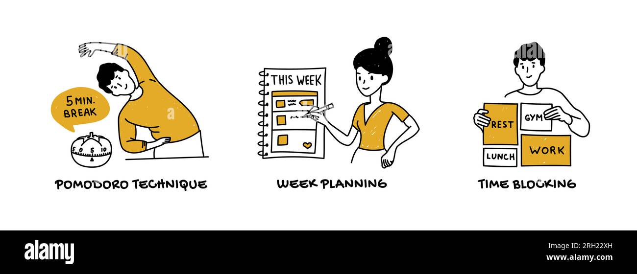 Flux de travail et techniques pour améliorer la productivité d'un concept indépendant de freelance Illustration de Vecteur