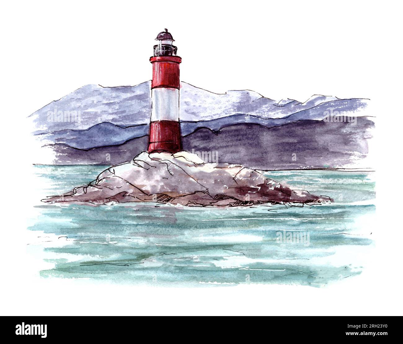 Seascape les Eclaireurs Phare célèbre monument sur le canal Beagle près d'Ushuaia, Tierra del Fuego, Patagonie, Argentine. Peinture à l'aquarelle à la main Banque D'Images
