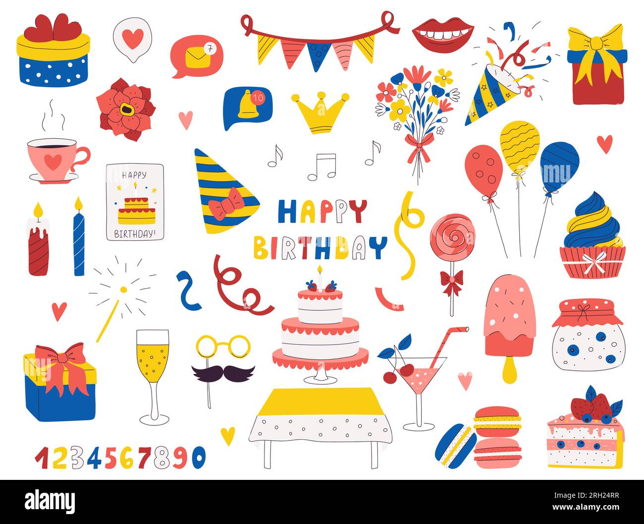 Un ensemble d'éléments dessinés à la main pour anniversaire, fête, célébration. Objets décoratifs colorés lumineux. Illustrations vectorielles plates isolées sur un fond blanc Illustration de Vecteur