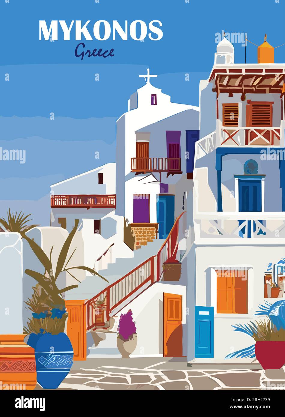 Mykonos, Grèce affiche de voyage dans un style rétro. Illustration de Vecteur