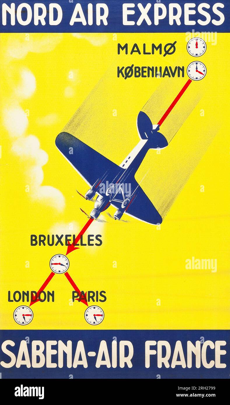 Sabena - affiche de voyage Air France (c 1936). Affiche « Nordic Air Express » avec un avion vintage. Artiste inconnu. Banque D'Images
